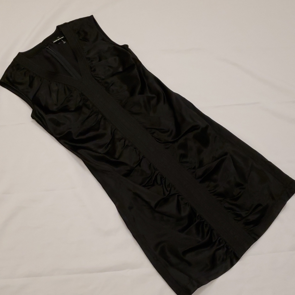 DKNY Satin Dress Sleeveless Ruched Plunge Neckline Black Women's Medium M